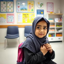 An Iranian elementary school student wearing a hijab, sitting in a waiting room at a general physician's office