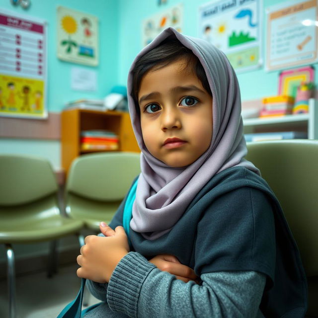 An Iranian elementary school student wearing a hijab, sitting in a waiting room at a general physician's office
