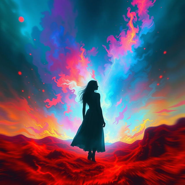 A surreal and dreamlike scene depicting a woman with an ethereal presence, her silhouette appearing in the background of a vibrant, abstract landscape filled with intense colors representing a feeling of fever and burning