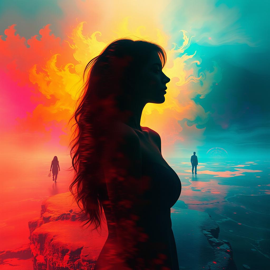 A surreal and dreamlike scene depicting a woman with an ethereal presence, her silhouette appearing in the background of a vibrant, abstract landscape filled with intense colors representing a feeling of fever and burning