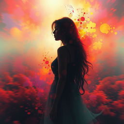 A surreal and dreamlike scene depicting a woman with an ethereal presence, her silhouette appearing in the background of a vibrant, abstract landscape filled with intense colors representing a feeling of fever and burning