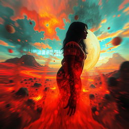A surreal and dreamlike scene depicting a woman with an ethereal presence, her silhouette appearing in the background of a vibrant, abstract landscape filled with intense colors representing a feeling of fever and burning