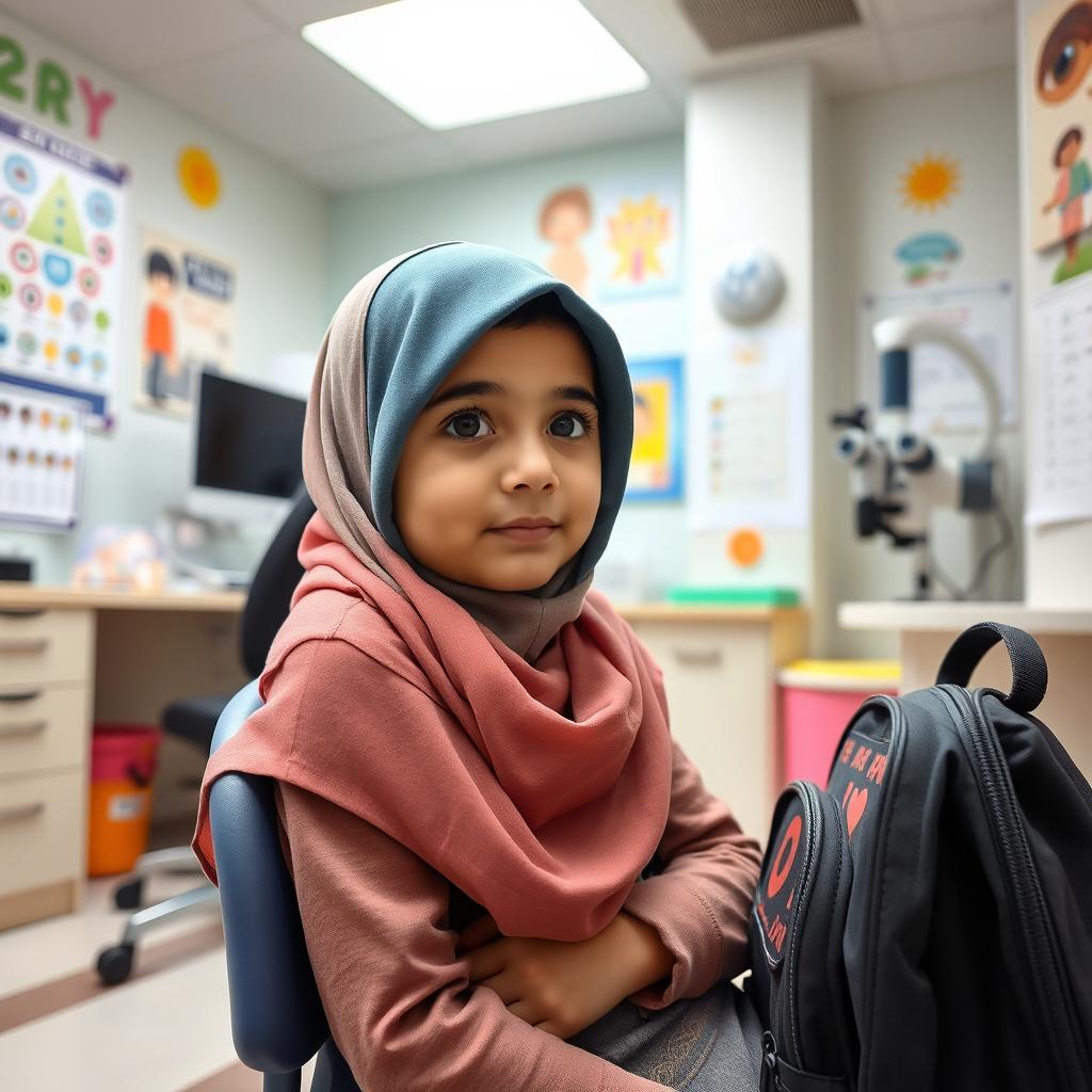 An Iranian elementary school student wearing a hijab, sitting in a pediatric ophthalmologist's office
