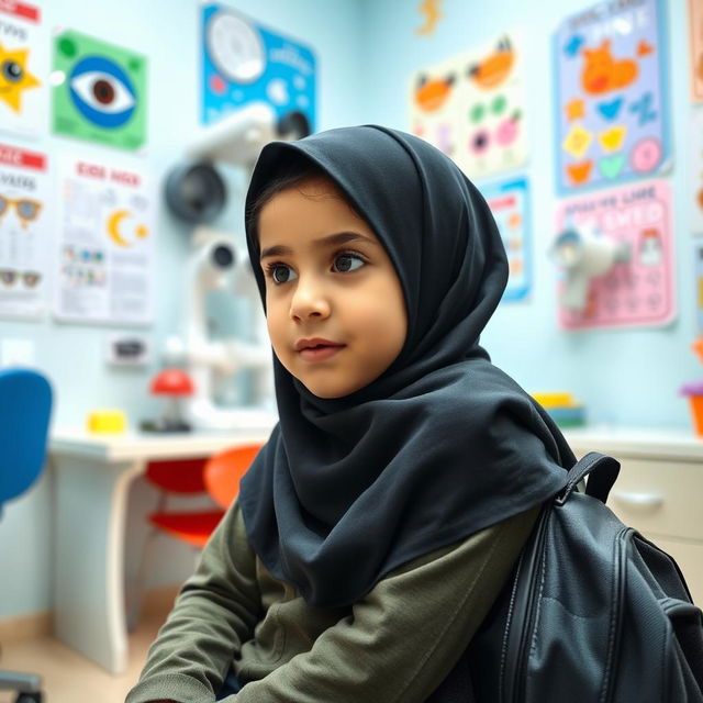 An Iranian elementary school student wearing a hijab, sitting in a pediatric ophthalmologist's office