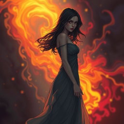A surreal and dreamlike illustration featuring a woman in a flowing gown, ethereal and hauntingly beautiful, standing in the shadows with a wistful expression