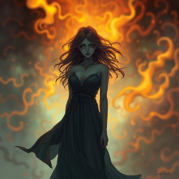 A surreal and dreamlike illustration featuring a woman in a flowing gown, ethereal and hauntingly beautiful, standing in the shadows with a wistful expression