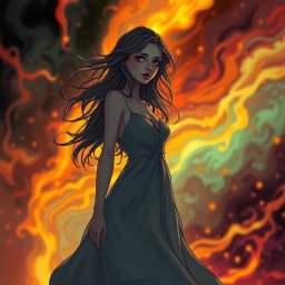 A surreal and dreamlike illustration featuring a woman in a flowing gown, ethereal and hauntingly beautiful, standing in the shadows with a wistful expression