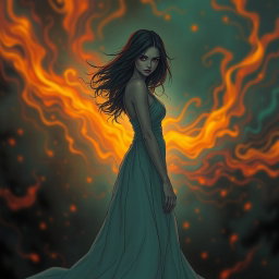 A surreal and dreamlike illustration featuring a woman in a flowing gown, ethereal and hauntingly beautiful, standing in the shadows with a wistful expression