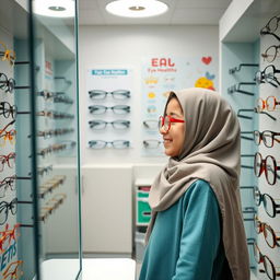 An Iranian elementary school student wearing a hijab, standing in an optical section of a pediatric ophthalmologist's office, happily trying on different pairs of glasses