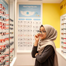 An Iranian elementary school student wearing a hijab, standing in an optical section of a pediatric ophthalmologist's office, happily trying on different pairs of glasses