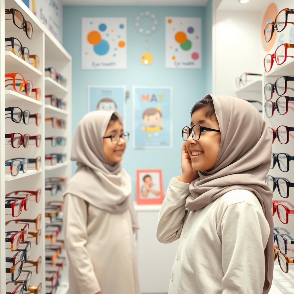 An Iranian elementary school student wearing a hijab, standing in an optical section of a pediatric ophthalmologist's office, happily trying on different pairs of glasses