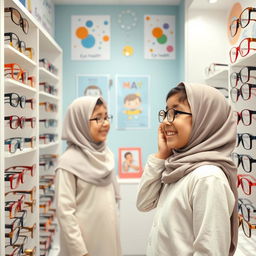 An Iranian elementary school student wearing a hijab, standing in an optical section of a pediatric ophthalmologist's office, happily trying on different pairs of glasses
