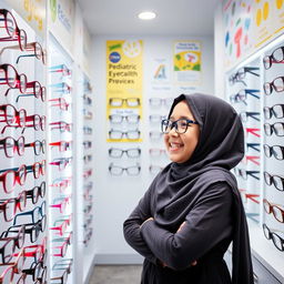An Iranian elementary school student wearing a hijab, standing in an optical section of a pediatric ophthalmologist's office, happily trying on different pairs of glasses