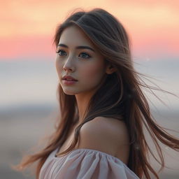 A dreamy and ethereal portrait of a young woman with long flowing hair, lost in thought, her gaze directed slightly off to the side as if she is remembering something beautiful