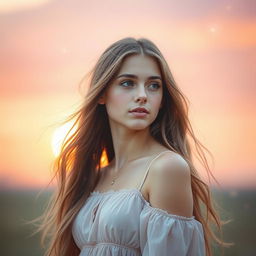 A dreamy and ethereal portrait of a young woman with long flowing hair, lost in thought, her gaze directed slightly off to the side as if she is remembering something beautiful