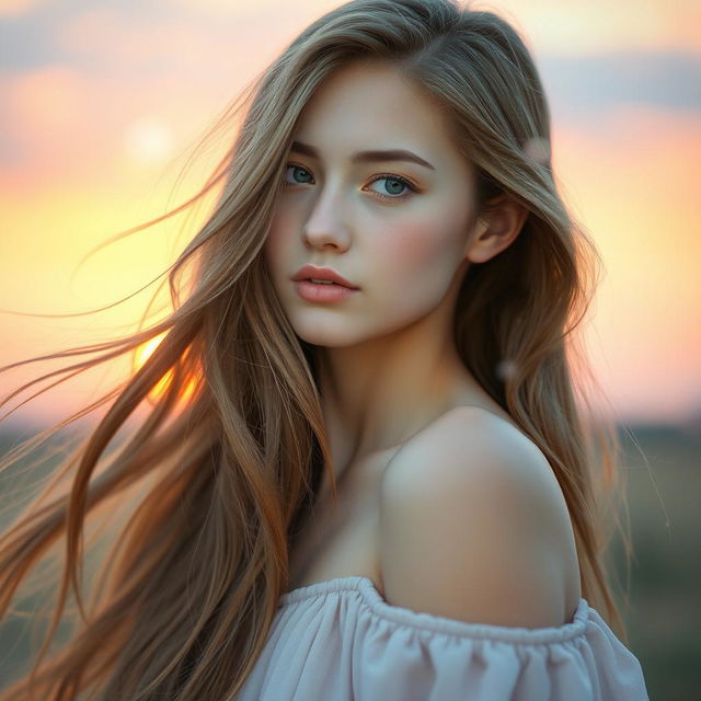 A dreamy and ethereal portrait of a young woman with long flowing hair, lost in thought, her gaze directed slightly off to the side as if she is remembering something beautiful