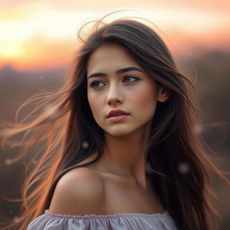 A dreamy and ethereal portrait of a young woman with long flowing hair, lost in thought, her gaze directed slightly off to the side as if she is remembering something beautiful