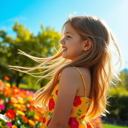 A profile view of a girl with long flowing hair, around thirteen years old, wearing a bright and cheerful sundress with floral patterns
