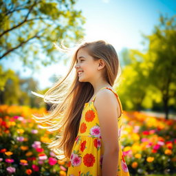 A profile view of a girl with long flowing hair, around thirteen years old, wearing a bright and cheerful sundress with floral patterns