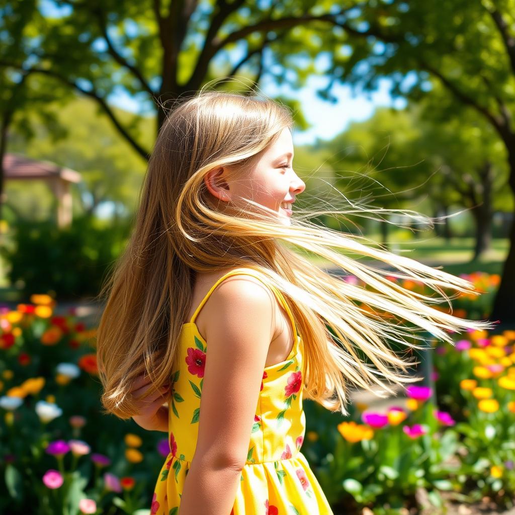A profile view of a girl with long flowing hair, around thirteen years old, wearing a bright and cheerful sundress with floral patterns