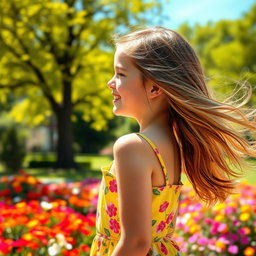 A profile view of a girl with long flowing hair, around thirteen years old, wearing a bright and cheerful sundress with floral patterns