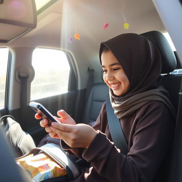 An Iranian elementary school student wearing a hijab, sitting in the backseat of her father's car, happily playing music on her smartphone