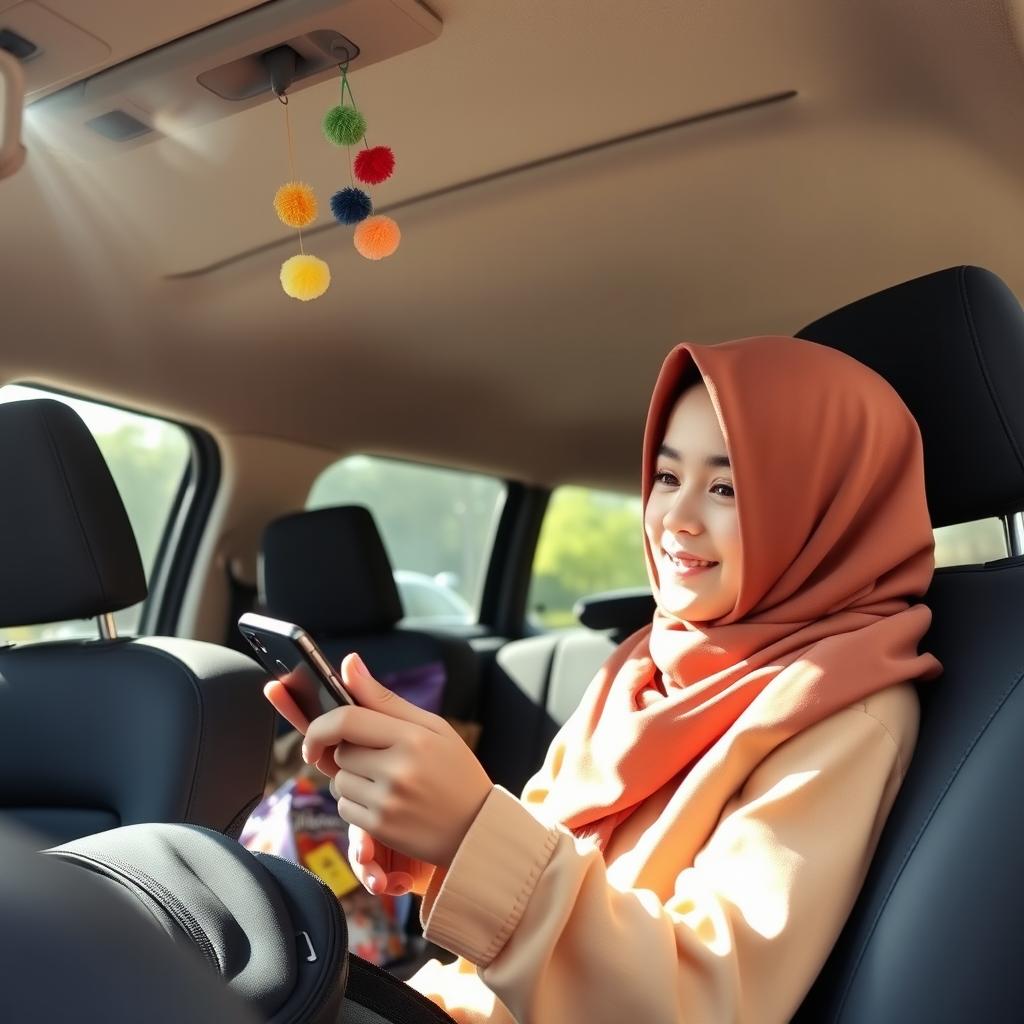 An Iranian elementary school student wearing a hijab, sitting in the backseat of her father's car, happily playing music on her smartphone