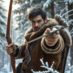 A skilled male fantasy hunter poised in a serene snowy forest