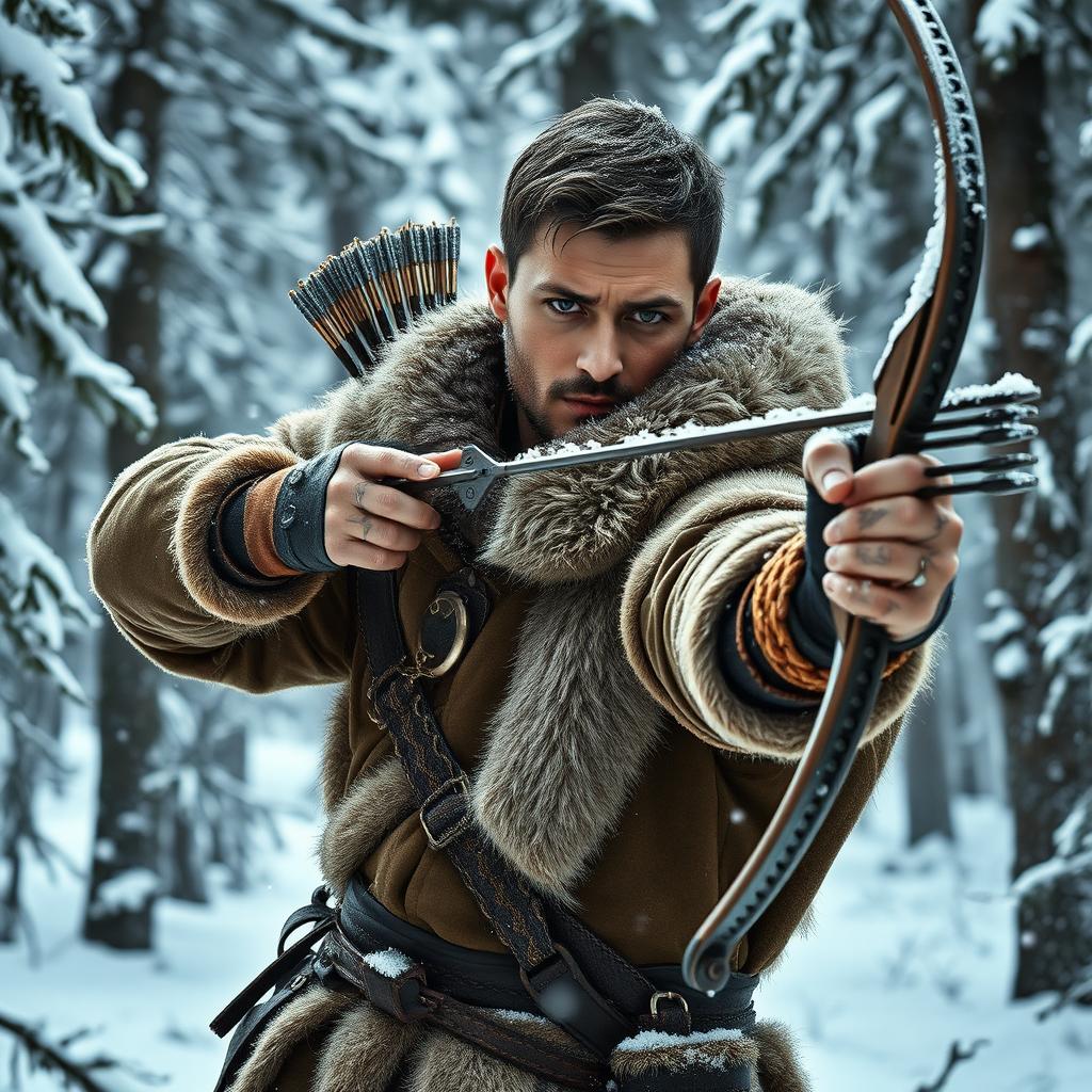 A skilled male fantasy hunter poised in a serene snowy forest
