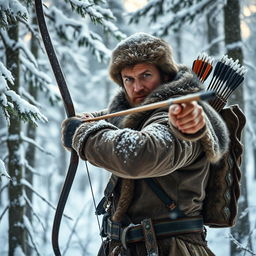 A skilled male fantasy hunter poised in a serene snowy forest