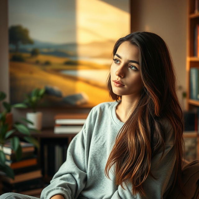 A young woman, deep in thought, with a dreamlike expression on her face