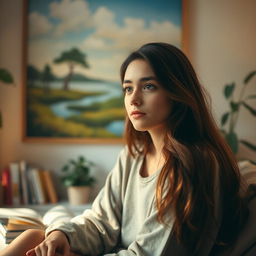 A young woman, deep in thought, with a dreamlike expression on her face