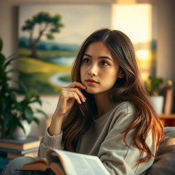 A young woman, deep in thought, with a dreamlike expression on her face