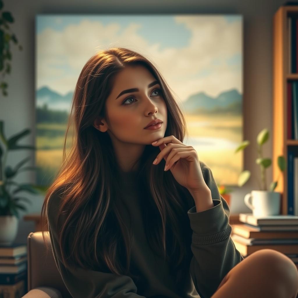 A young woman, deep in thought, with a dreamlike expression on her face