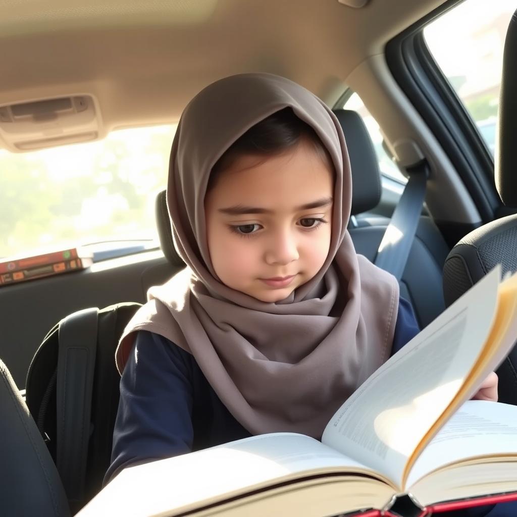 An Iranian elementary school student wearing a hijab, sitting in the backseat of her father's car, intently reading a school textbook