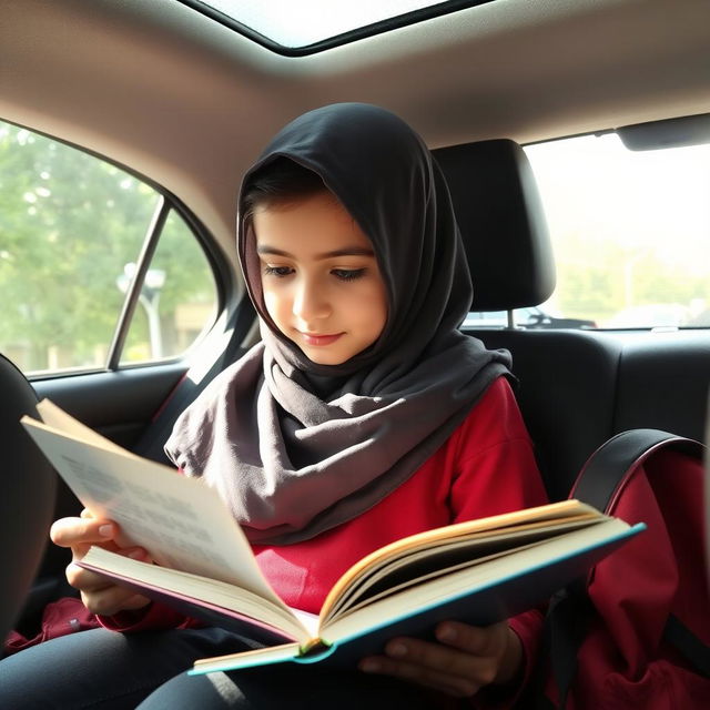 An Iranian elementary school student wearing a hijab, sitting in the backseat of her father's car, intently reading a school textbook