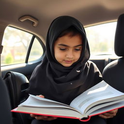 An Iranian elementary school student wearing a hijab, sitting in the backseat of her father's car, intently reading a school textbook