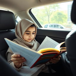 An Iranian elementary school student wearing a hijab, sitting in the backseat of her father's car, intently reading a school textbook