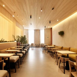 Interior design of a square-shaped coffee shop featuring a customer seating hall with light-toned background colors, comfortable furnishings, and mellow lighting.