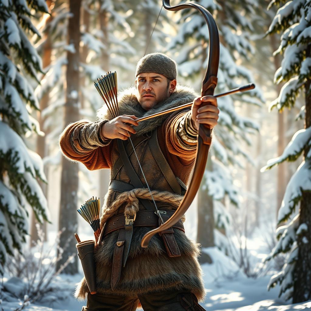 A skilled male fantasy hunter standing alert in a picturesque snowy forest