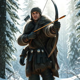 A skilled male fantasy hunter standing alert in a picturesque snowy forest