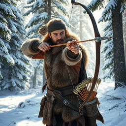A skilled male fantasy hunter standing alert in a picturesque snowy forest