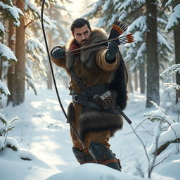 A skilled male fantasy hunter standing alert in a picturesque snowy forest
