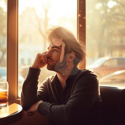 A man sitting in a cozy cafe, lost in thought, with a dreamy expression on his face as he gazes out the window