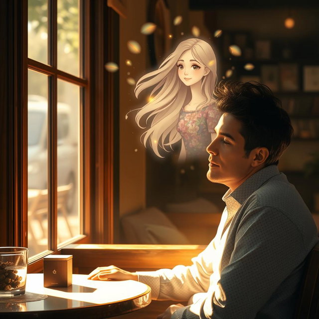 A man sitting in a cozy cafe, lost in thought, with a dreamy expression on his face as he gazes out the window