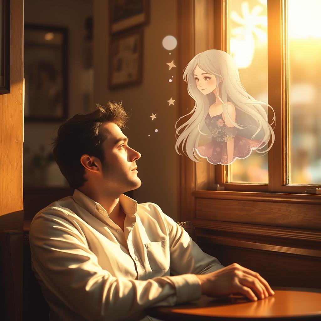 A man sitting in a cozy cafe, lost in thought, with a dreamy expression on his face as he gazes out the window