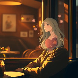 A man sitting in a cozy cafe, lost in thought, with a dreamy expression on his face as he gazes out the window