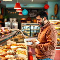 A father of an Iranian elementary school student, standing in a vibrant bakery shop, selecting delicious donuts from a colorful display
