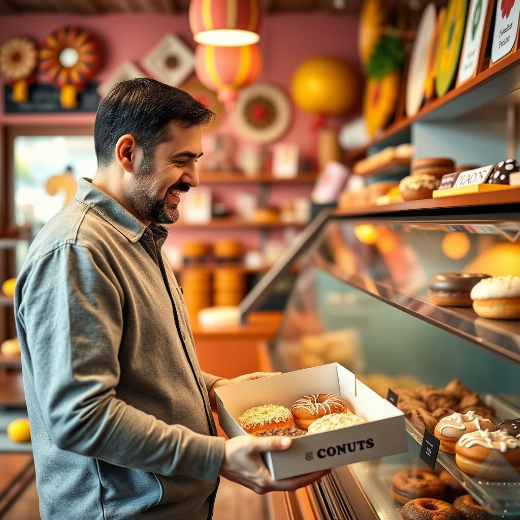 A father of an Iranian elementary school student, standing in a vibrant bakery shop, selecting delicious donuts from a colorful display