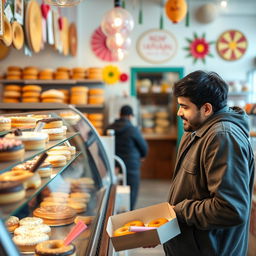 A father of an Iranian elementary school student, standing in a vibrant bakery shop, selecting delicious donuts from a colorful display